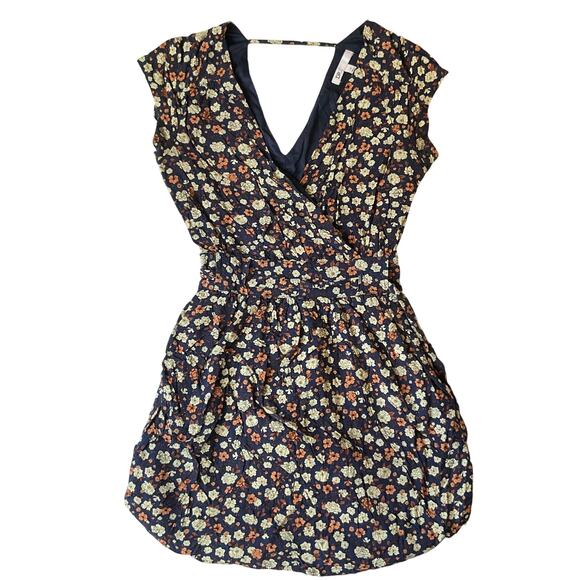 DR2 Women Mini Dress size XS ShortSleeve V-neck Pockets Floral Blue & Yellow - Picture 1 of 10